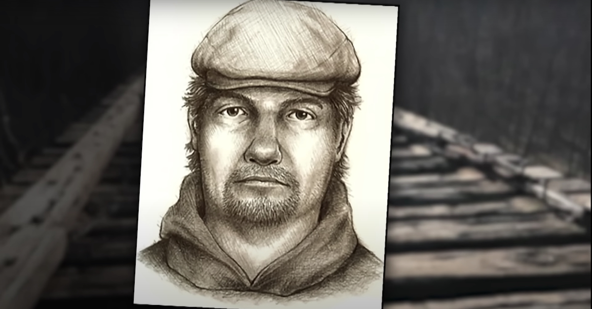 A photo shows an artist's sketch of a Delphi Murders suspect.