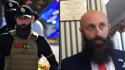 Left: Jeremy Bertino is seen wearing a long beard, baseball hat, tactical-looking vest, and a RWDS (Right Wing Death Squad) patch in November 2020. Right: Bertino, wearing a suit, gives video deposition testimony to the Jan. 6 committee.