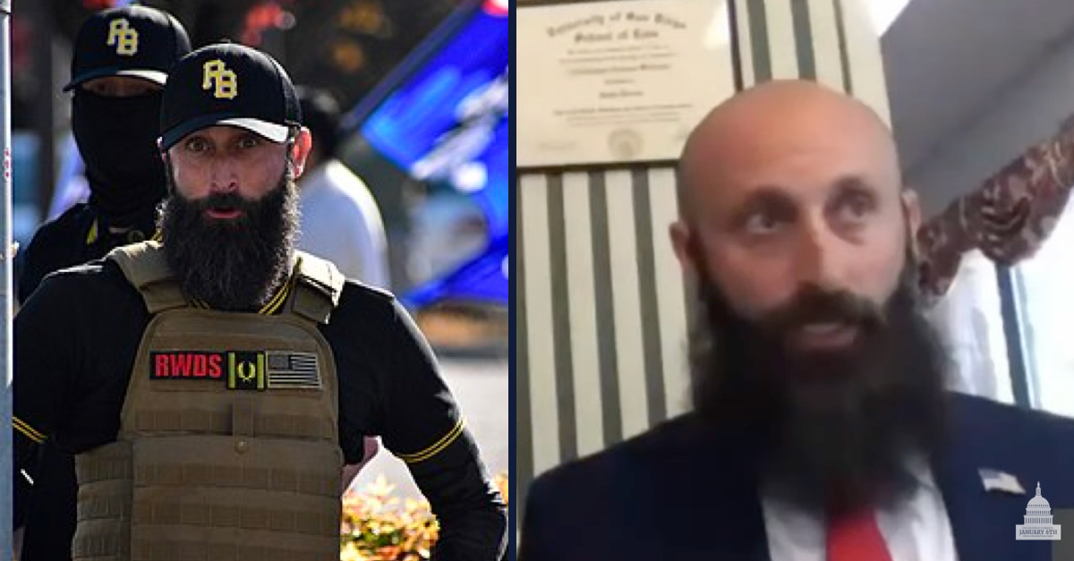 Left: Jeremy Bertino is seen wearing a long beard, baseball hat, tactical-looking vest, and a RWDS (Right Wing Death Squad) patch in November 2020. Right: Bertino, wearing a suit, gives video deposition testimony to the Jan. 6 committee. 