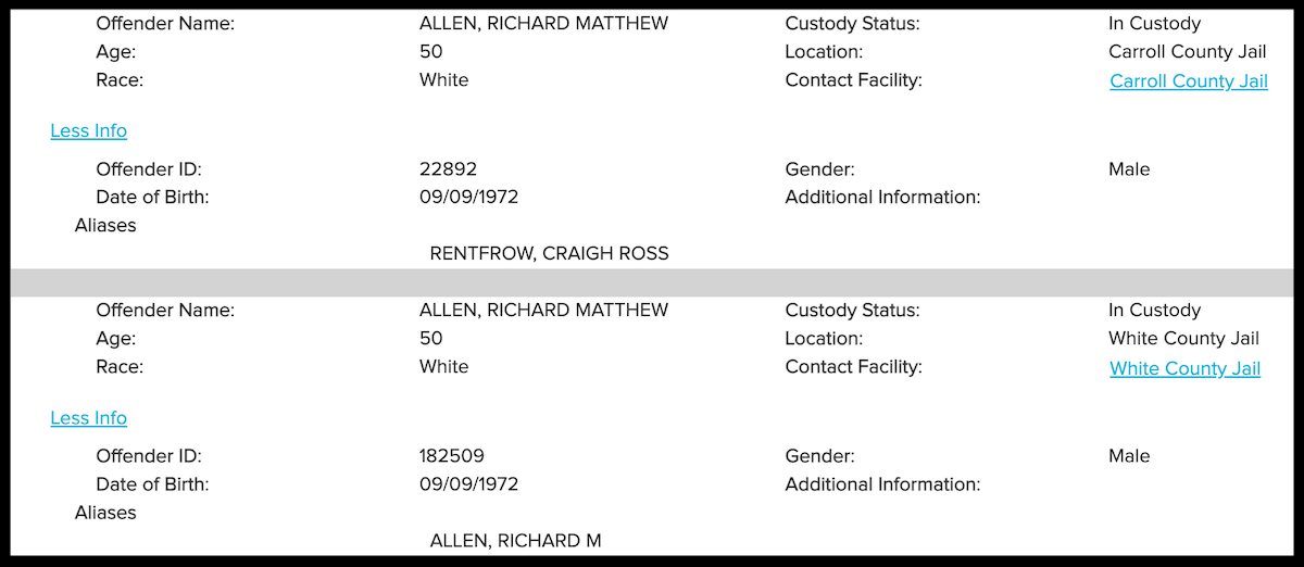 A photo shows Richard Matthew Allen's sparse jail records.