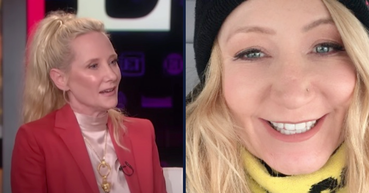 Left: Anne Heche is wearing a red jacket and a pink shirt. Her long blond hair is pulled back into a ponytail. Right: Lynne Mishele is wearing a black knit cap over blonde hair and a yellow scarf in a selfie-style photo.