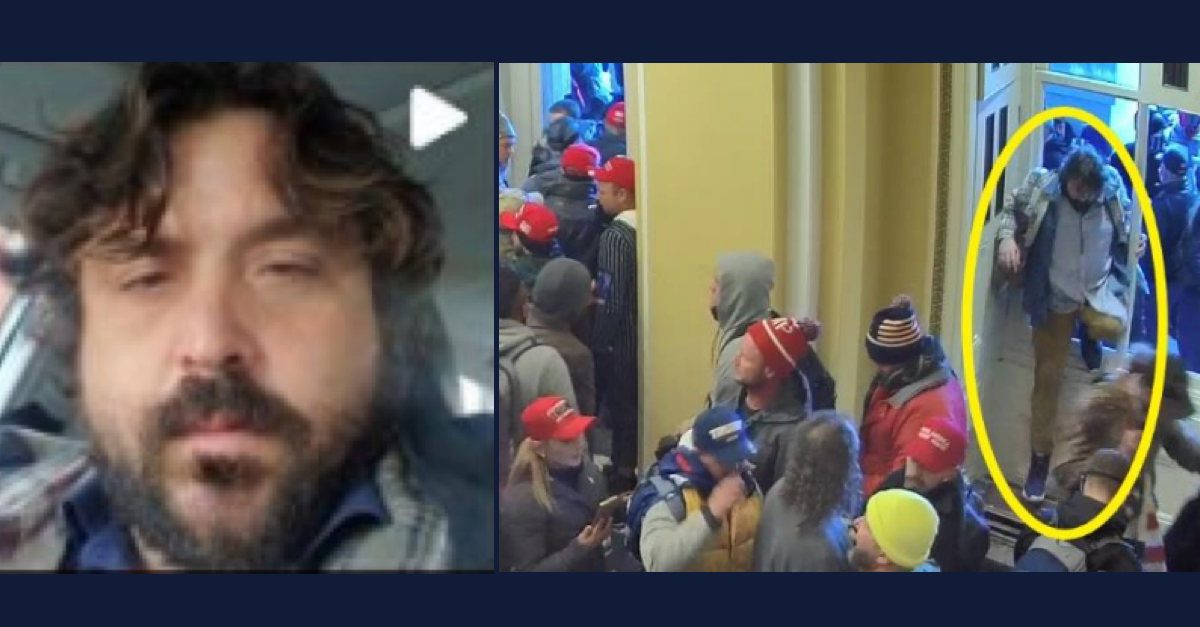 Daniel Christmann, with brown curls and a brown beard, can be seen in a "selfie" style video. Right: Christmann is seen entering the Capitol through a broken window on January 6.