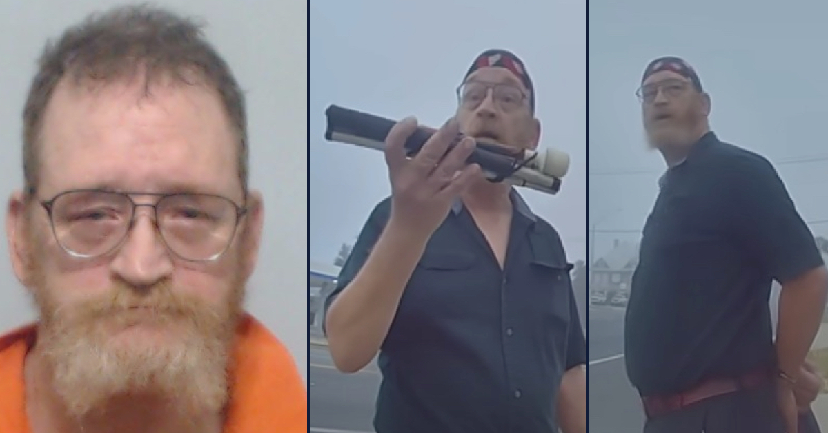 James Hodges is seen wearing an orange jumpsuit in a jail booking photo; he is also seen in a screengrab showing his collapsed walking stick to officers and then, later, in handcuffs.