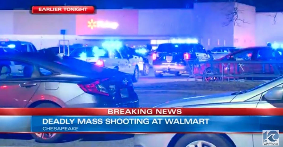 Police cars gather in front of a Walmart in Chesapeake, Virginia.
