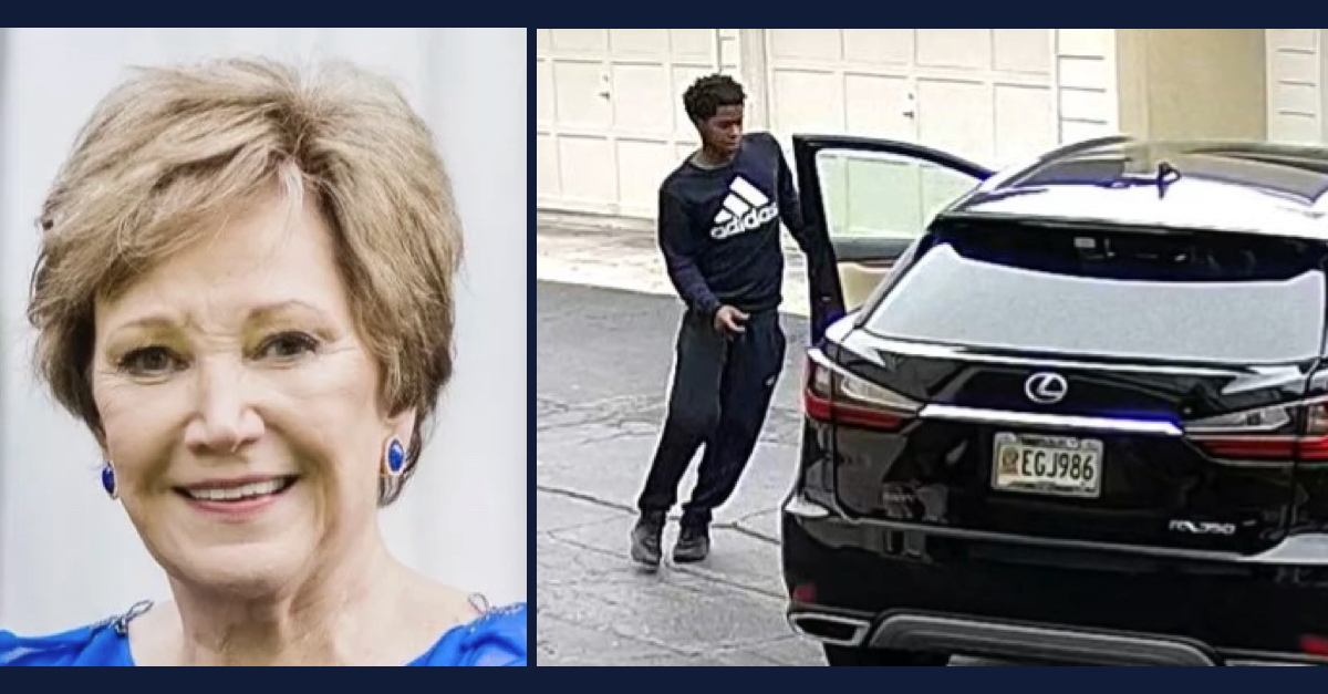 Left: Eleanor Bowles is looking directly at the camera and smiling. She is wearing a blue dress and has short brown hair. Right: Antonio Brown is seen on home security footage getting into the driver side of a car. He is wearing an Adidas sweatshirt and black sweatpants. 