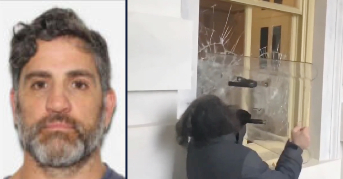Left: an image of Dominic Pezzola; he has a gray and black beard, black hair, and is looking directly into the camera, unsmiling. Right: Pezzola is holding a plastic riot shield and apparently using it to strike the lower-left pane of a window of the U.S. Capitol building.