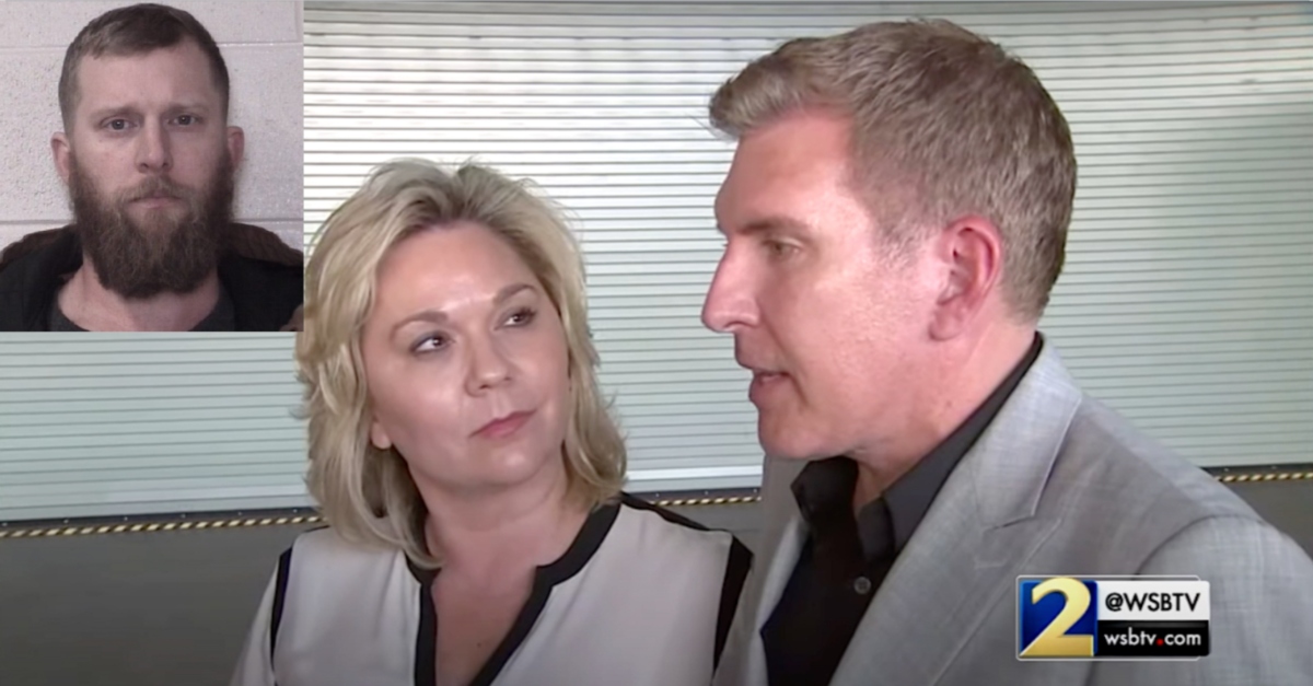 Kyle Chrisley (top left) was cited for aggravated assault months after his stepmother Julie Chrisley and father Todd Chrisley were sentenced to federal prison in an unrelated fraud case. (Mugshot of Kyle Chrisley: Smyrna Police Department; screenshot of his parents: WSB-TV)