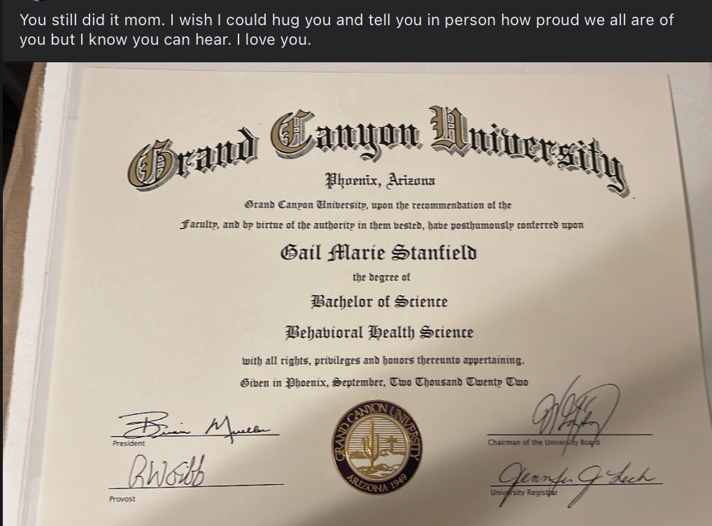 Gail Stanfield's posthumously issued degree (Facebook screengrab)