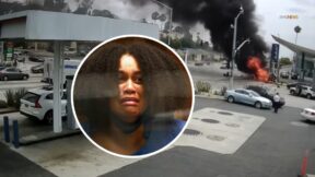 Nicole Linton appears on Monday, Aug. 8, 2022, in Los Angeles Superior Court on murder charges in a crash that killed five people and an 8 1/2-month-old fetus (Mugshot from Daily Mail.com via AP; crash scene via KTLA screengrab)