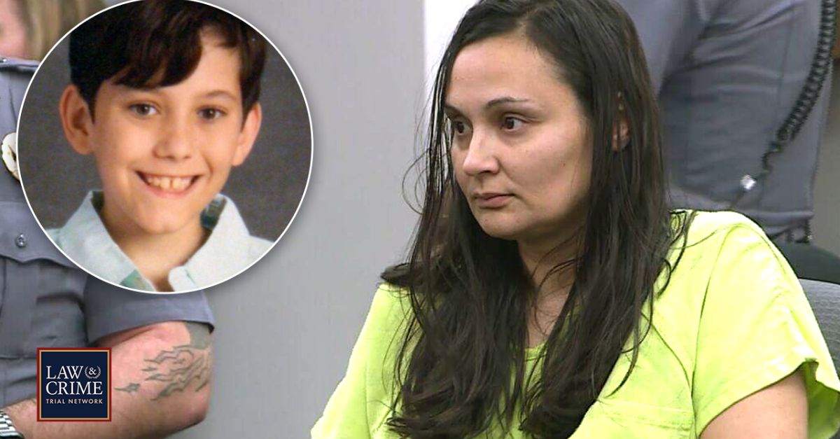 Letecia Stauch, 39, is accused of killing her stepson Gannon Stauch, 11. (Inset photo of the Gannon is a file photo; Courtroom photo from Law&Crime Network)