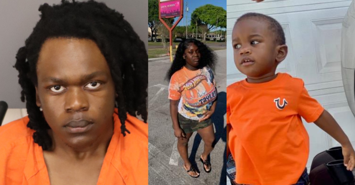 Thomas Mosley (left) stabbed Pashun Jeffery (center) more than 100 times, officers said. He was also charged after their son Taylen Mosley, 2, was found dead in an alligator's mouth. (Images: St. Petersburg Police Department)