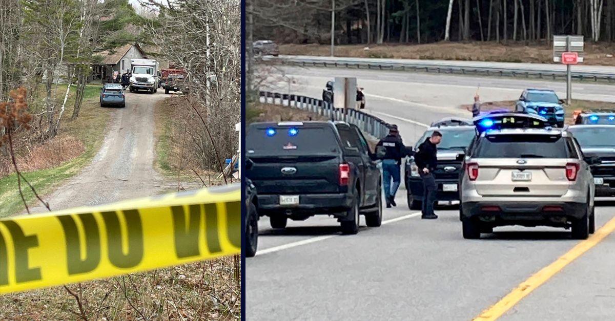 Members of law enforcement approach vehicles at a scene where people were injured in a shooting on Interstate 295 in Yarmouth, Maine, Tuesday, April 18, 2023. Gunfire that erupted on the busy highway in Maine is linked to a second crime scene where people have been found dead in a home about 25 miles away in the town of Bowdoin, Maine, state police said. (AP Photos)