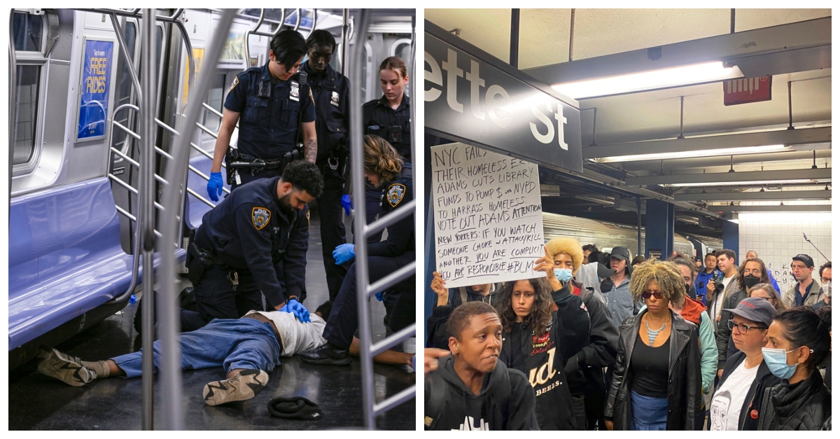 Demonstrators march through the Broadway-Lafayette subway station, right, to protest the death of Jordan Neely, Wednesday afternoon, May 3, 2023, in New York.  Neely, a man who apparently suffered a mental health episode aboard a New York City subway, died this week after being placed in a headlock by a fellow rider on Monday, May 1, according to police officials and video of the encounter .  (AP Photo/Jake Offenhartz)