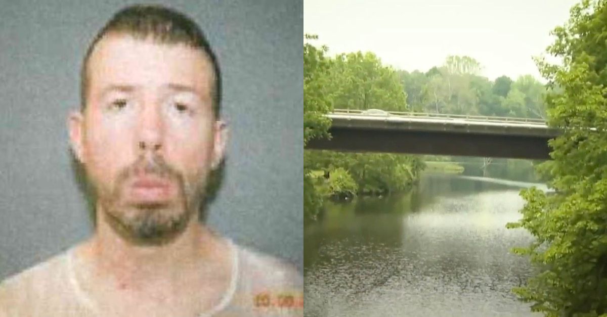 Eric R. Meagan and the river where he allegedly drowned his mother on Monday (New Milton Police Dept. and WVIT screenshot)