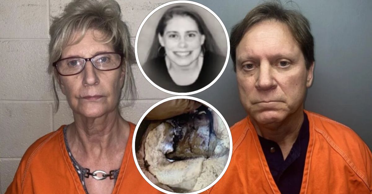 Sheila Fletcher (L) and Clay Fletcher (R) appear in mugshots; their daughter and the couch she died on (C).