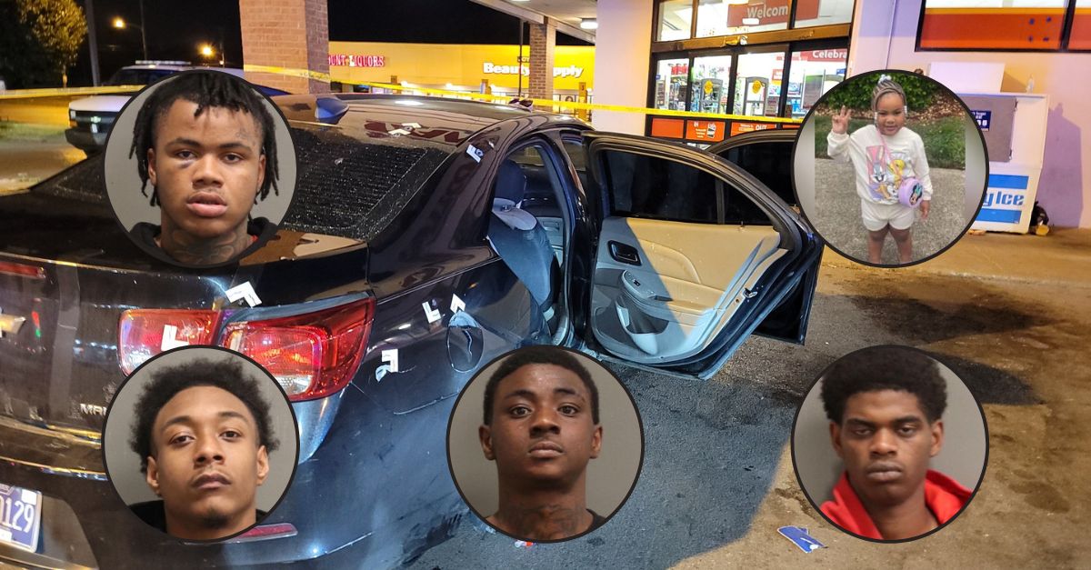Taliyah Frazier, upper right inset, and her suspected killers: Keimari Johnson, upper left; Trey Dennis, lower left; Kenlando Lewis, lower middle; and Lamarion Buchanan, lower right. (Taliyah Frazier was killed when gunmen fired into the car she was riding. (Crime scene photo and mugshots from from Metropolitan Nashville Police Department; Taliyah