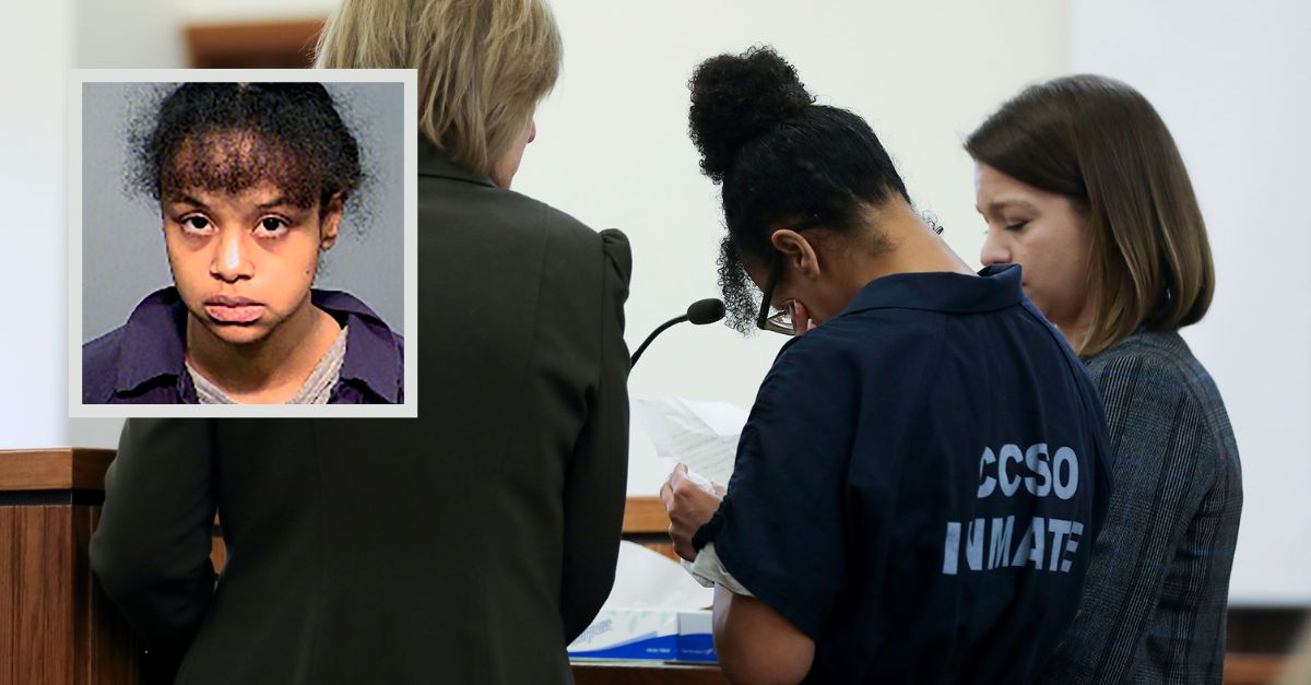 Elizabeth Archibeque-Martinez reads a statement in court (R) and appears in a mugshot (L)
