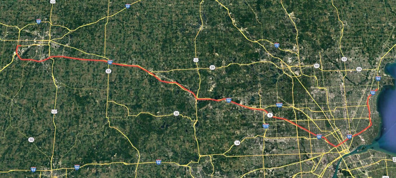 Police said July 3, 2023, that they think Rashad Trice might have driven this route from the Lansing area to the Detroit area after kidnapping Wynter Cole-Smith. (Image: Lansing Police Department)