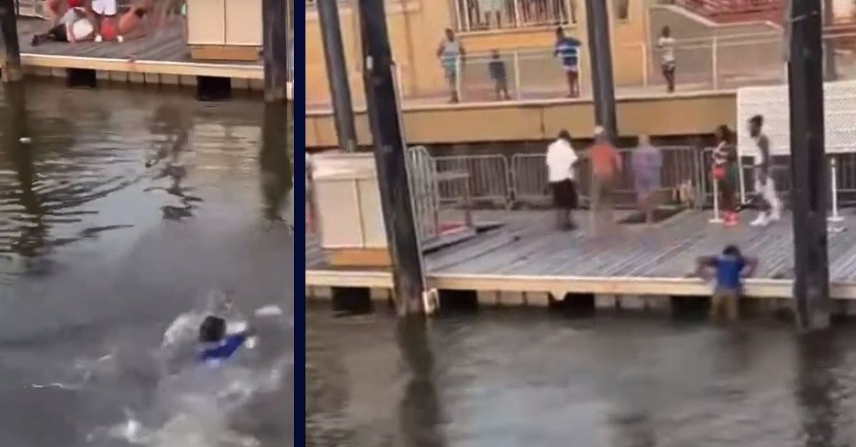 Screengrabs left and right from Alabama Political Reporter video feature a Black man swimming up to a riverfront dock in Alabama where another Black man appears to be outnumbered by a group of white people brawling with him.