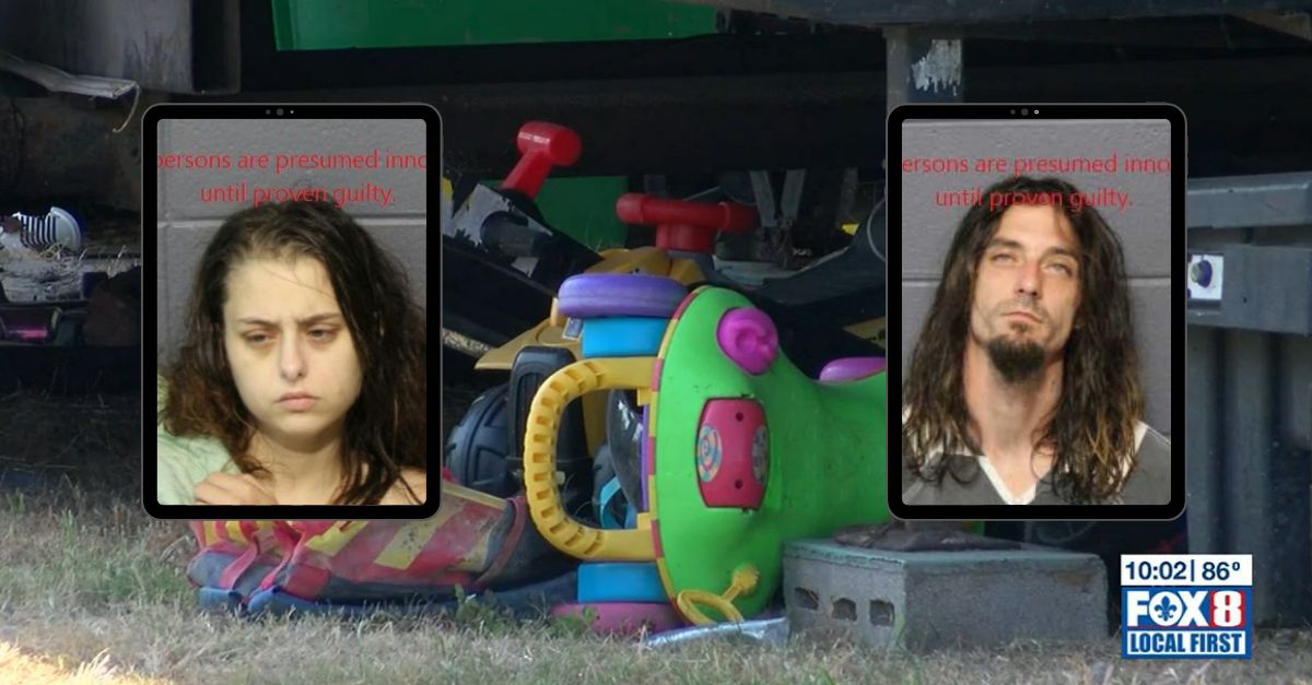 Photo depicts two mugshots, left to right, Angel Taylor and Chevy Lafountain. Background photo shows children's toys laying on ground haphazardly at crime scene.