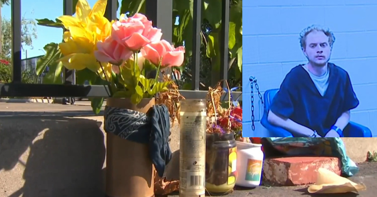 William Innes shot and killed Annette Pershal with a pellet gun, prosecutors said. (Screenshots of Innes and the makeshift memorial for Pershal: KNSD)