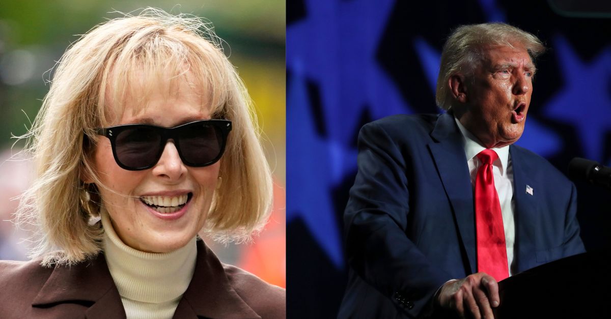 E. Jean Carroll appears to the left in still photograph smiling wearing sunglasses; to the right, Donald Trump stands at a podium speaking