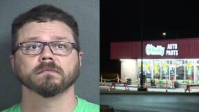 Carl R. Kemppainen (Wyandotte County Detention Center) and the O'Reilly Auto Parts store where he allegedly strangled Diamond Steen to death this week (KCTV screenshot)