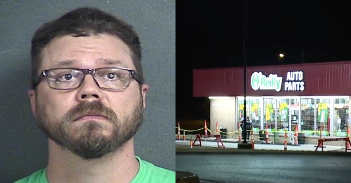 Carl R. Kemppainen (Wyandotte County Detention Center) and the O'Reilly Auto Parts store where he allegedly strangled Diamond Steen to death this week (KCTV screenshot)