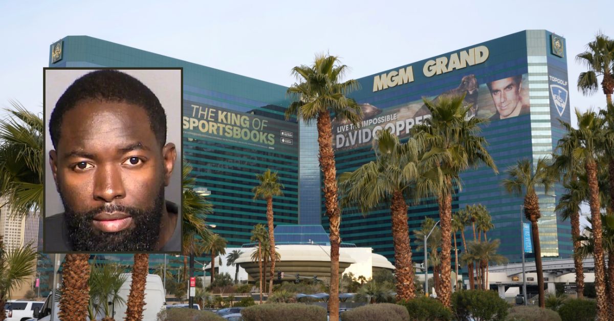 Background: The MGM Grand hotel and casino on the Las Vegas strip. (Kirby Lee via AP)/ Inset: Oyefeso Durotimijesu booking photo 