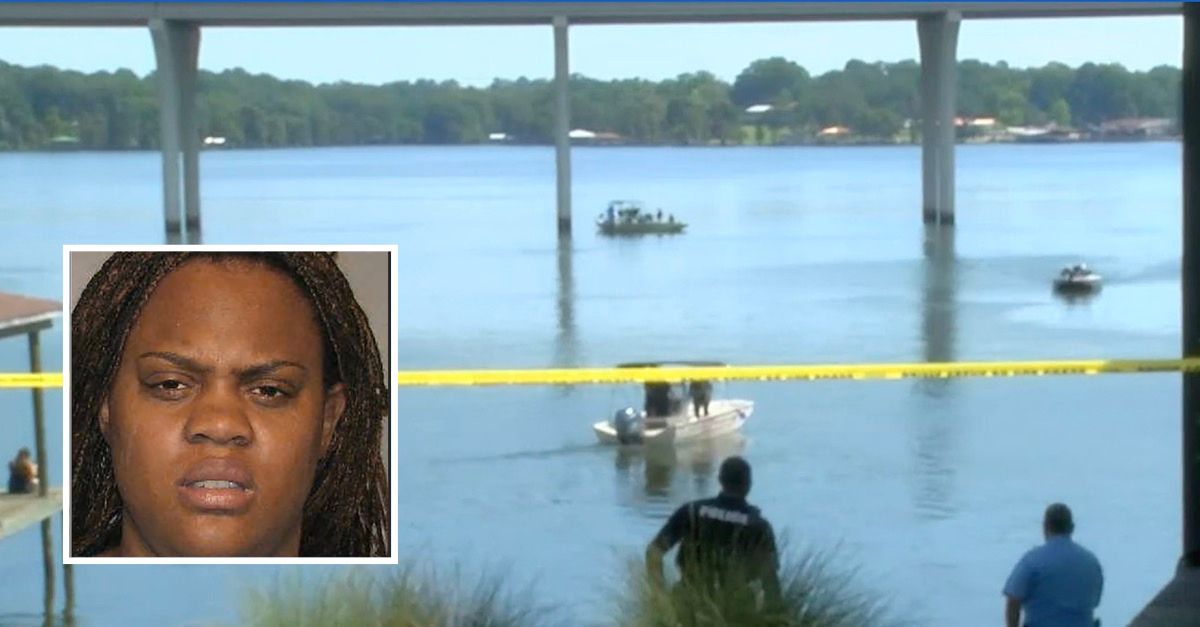 Ureka R. Black (Caddo Correctional Center) and authorities searching the area beneath the Cross Lake Bridge after she allegedly threw her kids from the bridge (KSLA screenshot)