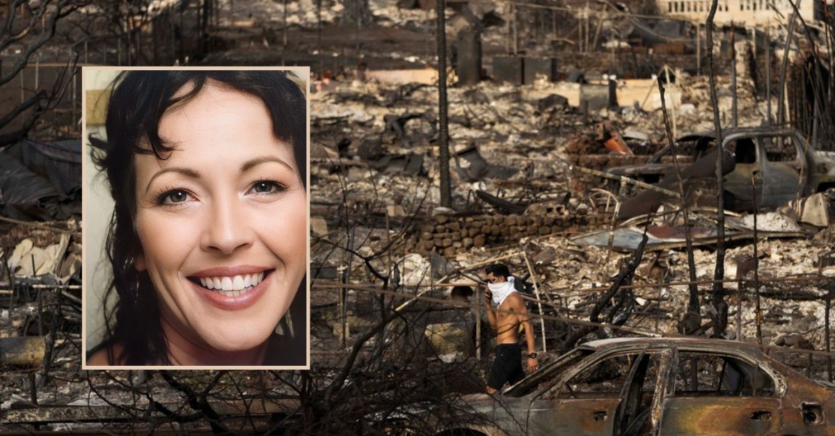 Rebecca Rans, inset, over a photo of a person with a face covering visits a residential area devastated by a recent wildfire in Lahaina, Hawaii, Monday, Aug. 21, 2023. (AP Photo/Jae C. Hong/Rans