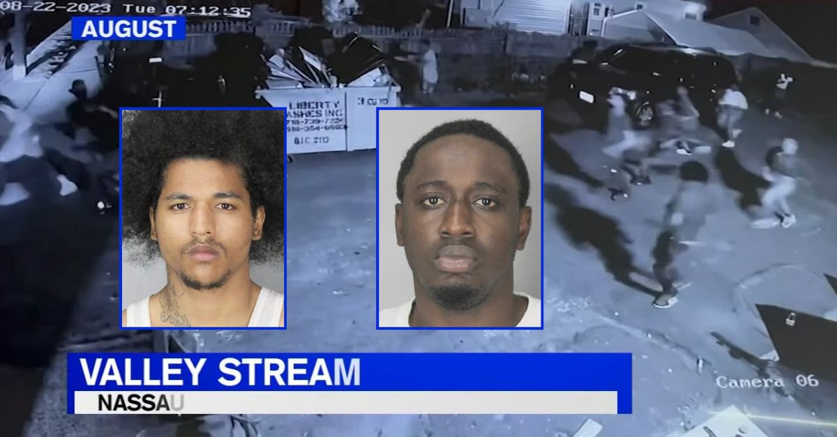 Isaiah Gonzalez, left inset, and Kyle Matthews, right inset, face charges in a deadly shooting in New York. (Mugshots from Nassau County Police Department; Surveillance video screenshot from New York's WABC-TV/YouTube)