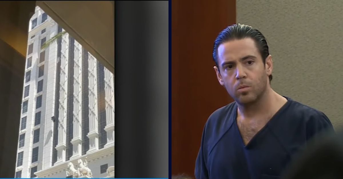 Matthew John Ermond Mannix was sentenced after barricading himself inside a room at Caesars Palace, holding a woman hostage and throwing furniture from a hotel window, causing $50,000 in damages. (Courtroom screenshot from CBS Las Vegas affiliate KLAS)