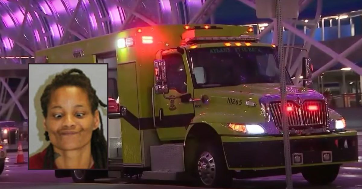 Background: An ambulance is parked at the airport in Atlanta, Georgia after medical care was required for multiple stabbing victims. YouTube screengrab Fox affiliate WAGA Inset: Damaris Milton, booking photo from Atlanta Police Department. 