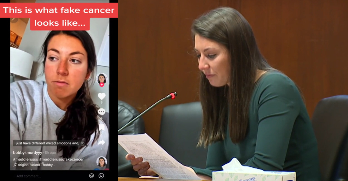 Madison Russo pleaded guilty to cheating well wishers and charities out of thousands of dollars from her fake cancer diagnosis. (Screenshot of a TikTok reuploading one of her videos: @drugstore_cowgirl; screenshot of Russo in court on Oct. 20, 2023: KLJB)