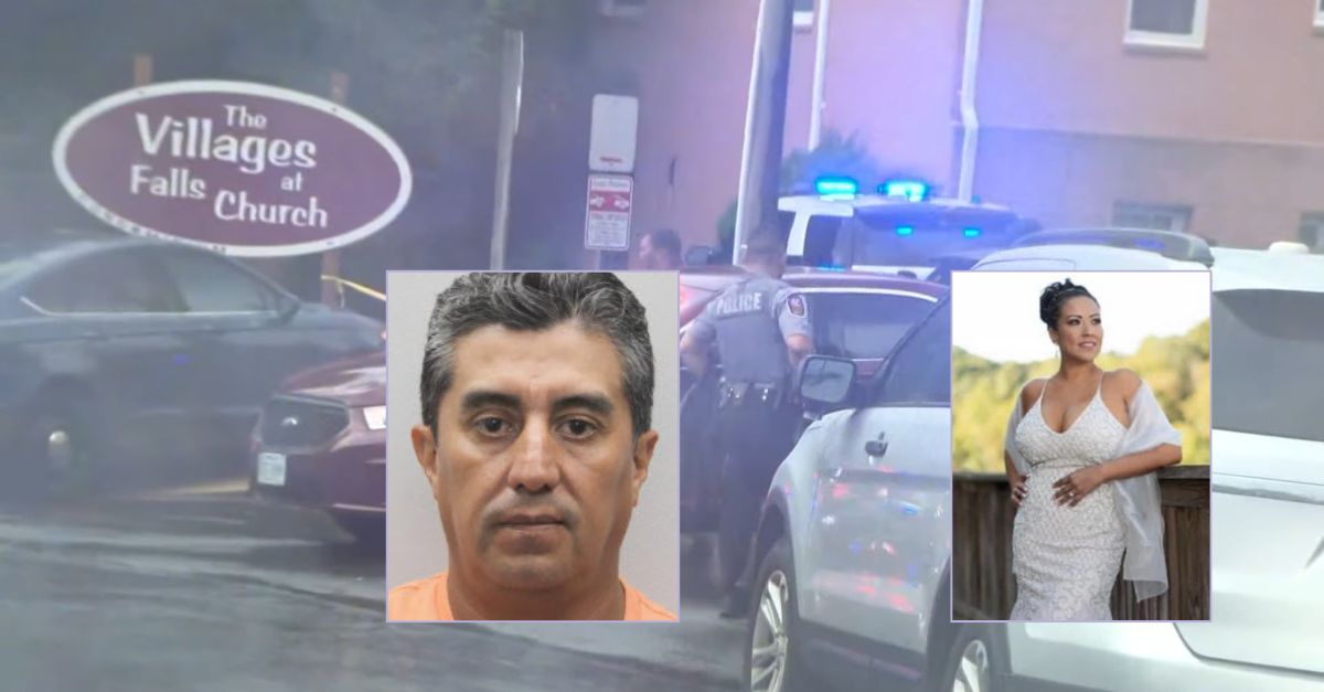 A jury convicted Richard Montano, left, of first-degree murder and arson in the death of Silvia Vaca Abacay, right. (Mug shot from the Fairfax County Police Department; Victim's photo from her obituary; Crime scene screenshot from CBS Washington affiliate WUSA9/YouTube)