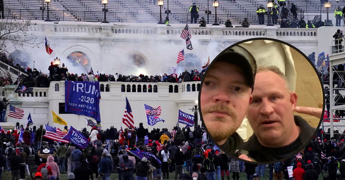 Background: Violent insurrectionists loyal to President Donald Trump, storm the Capitol, Jan. 6, 2021, in Washington.(AP Photo/John Minchillo, File)/Inset: Jacob Fracker on left; to his right, former Rocky Mount, Virginia patrol sergeant Thomas Robertson. (File courtesy of trial exhibits compiled for U.S. District Attorney