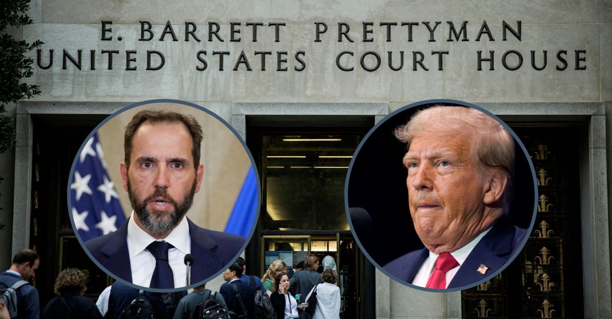 Background: Reporters line up as they enter the E. Barrett Prettyman United States Courthouse ahead of former President Donald Trumps arraignment in Federal Court on August 3, 2023 in Washington, D.C. (Photo by Samuel Corum/Sipa USA)(Sipa via AP Images)/ Left inset: Special counsel Jack Smith speaks to the media about an indictment of former President Donald Trump, Tuesday, Aug. 1, 2023, at an office of the Department of Justice in Washington. (AP Photo/J. Scott Applewhite)/ Right inset: Former President Donald Trump addresses an audience during a campaign event, Monday, Oct. 9, 2023, in Wolfeboro, N.H. (AP Photo/Steven Senne)