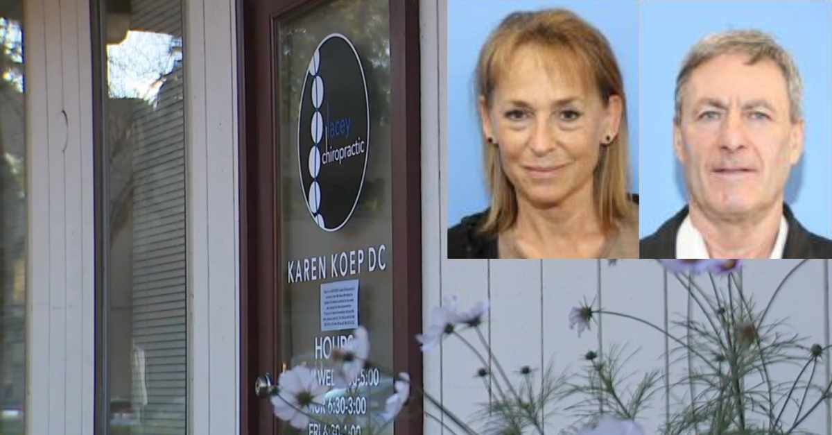 Detectives said someone murdered Karen Koep and her husband, Davido. Pictured here is her chiropractic office. (Screenshot: KOMO; images of the couple: Thurston County Sheriff's Office)