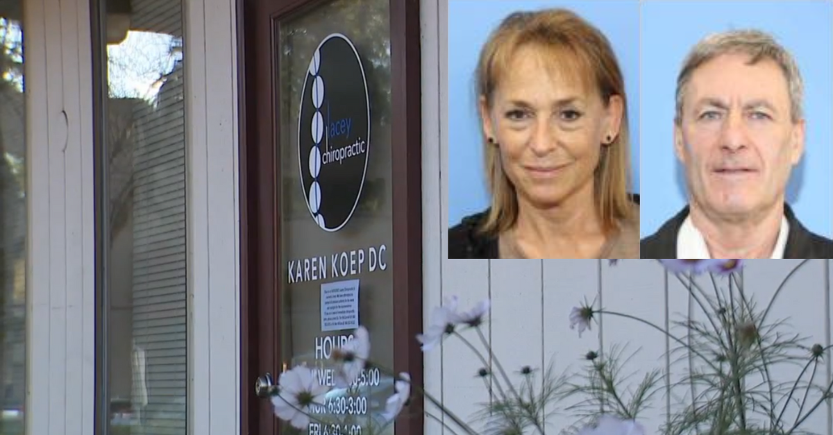 Detectives said someone murdered Karen Koep and her husband, Davido. Pictured here is her chiropractic office. (Screenshot: KOMO; images of the couple: Thurston County Sheriff