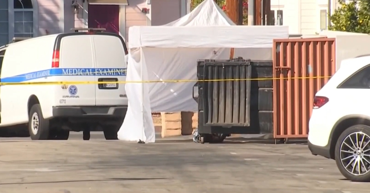 Police say a homeless person discovered a female torso near this dumpster. Officers tracked down Sam Haskell as the suspected murderer. (Screenshot: KNBC)