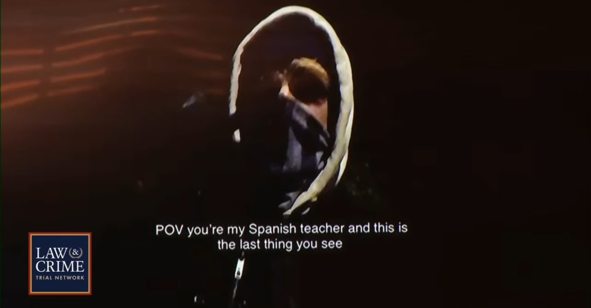 An investigator testified about this image coming from Jeremy Goodale's Snapchat account. It depicted a person with a hood and mask. "POV you're my Spanish teacher and this is the last thing you see," the caption said. (Screenshot: Law&Crime Network)