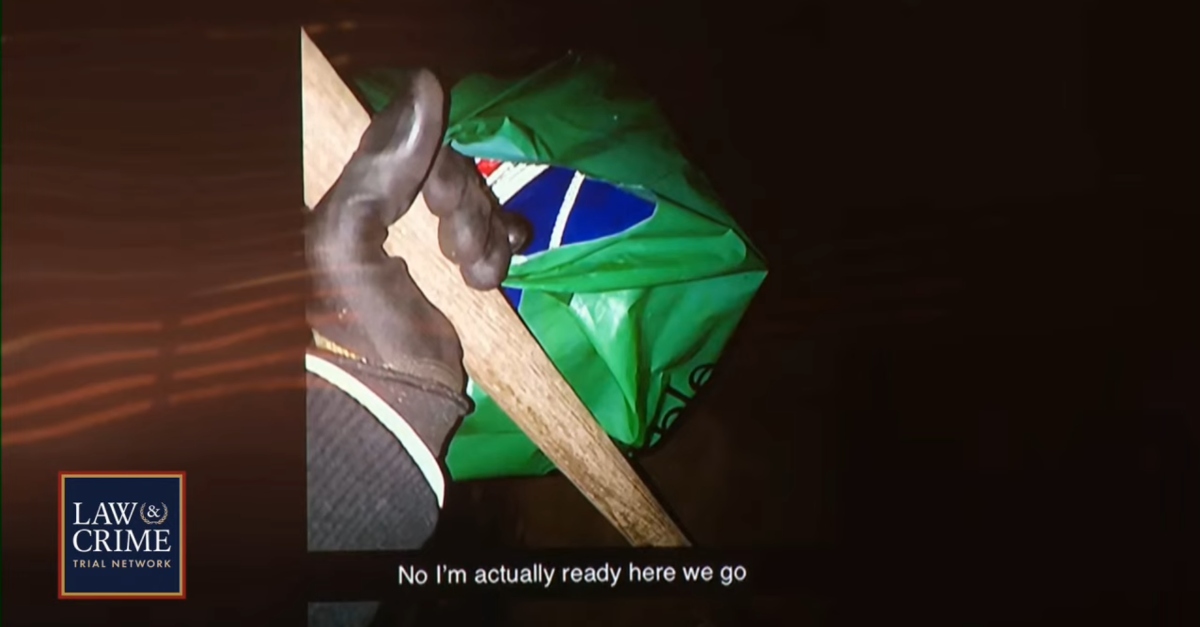 An investigator testified about this image coming from Jeremy Goodale's Snapchat account. It depicted someone holding a shovel. "No I'm actually ready here we go," it stated. (Screenshot: Law&Crime Network)