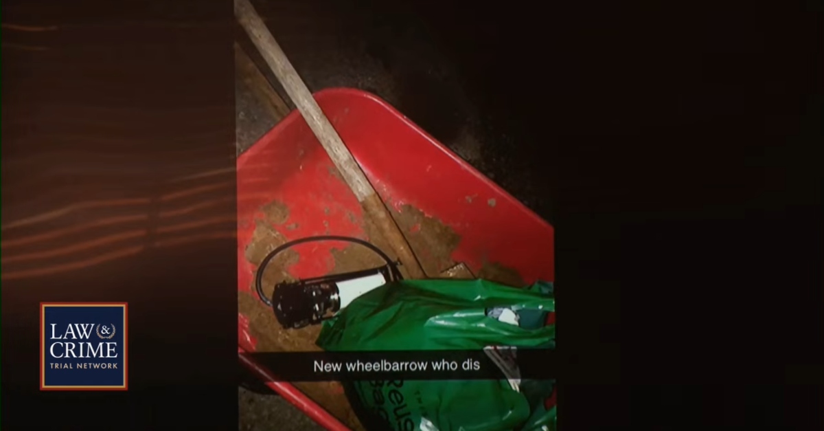 An investigator testified about this image coming from Jeremy Goodale's Snapchat account. It depicted the red wheelbarrow discovered on murder victim Nohema Graber. "New wheelbarrow who dis,' the caption stated. (Screenshot: Law&Crime Network)