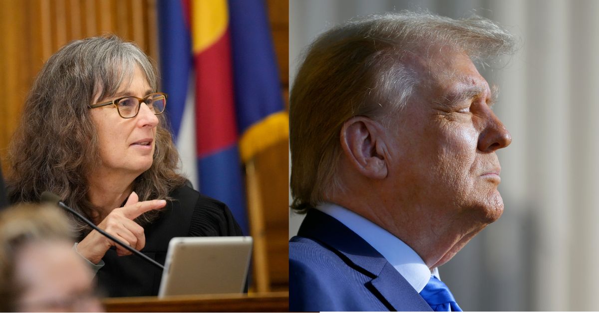 Left: Judge Sarah B. Wallace speaks during a hearing for a lawsuit to keep former President Donald Trump off the state ballot in Denver District Court Thursday, Nov. 2, 2023, in Denver. (AP Photo/David Zalubowski, Pool). Right: Donald Trump closes his eyes against the sunlight as patriotic music plays before he gives remarks during a campaign event held at Trendsetter Engineering Thursday, Nov. 2, 2023, in Houston. (AP Photo/Michael Wyke)