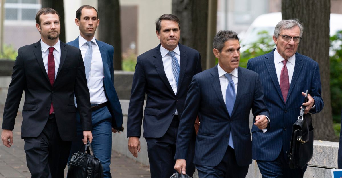 Former President Donald Trump attorneys from left, Gregory Singer, Stephen Weiss, Todd Blanche, John Lauro and Paul Kamenar arrive a federal court, Monday, Aug. 28, 2023, in Washington. (AP Photo/Jose Luis Magana)