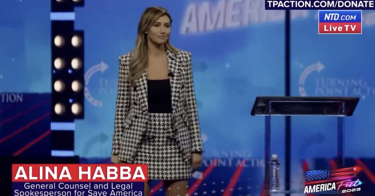 Alina Habba speaks at Turning Point USA event.