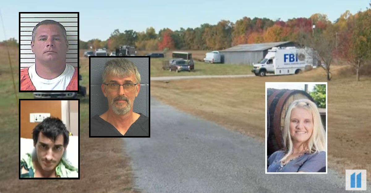 Brooks Houck (top left, via Hardin County (Ky.) Detention Center) allegedly murdered his girlfriend Crystal Rogers (bottom right, via FBI). Joseph Lawson (bottom left, via YouTube screengrab/WHAS) and his father, Steven Lawson (middle, via Harrison County Sheriff