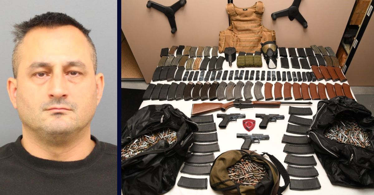 Joshua Pavao, on the left, and a large cache of guns and ammunition, on the right