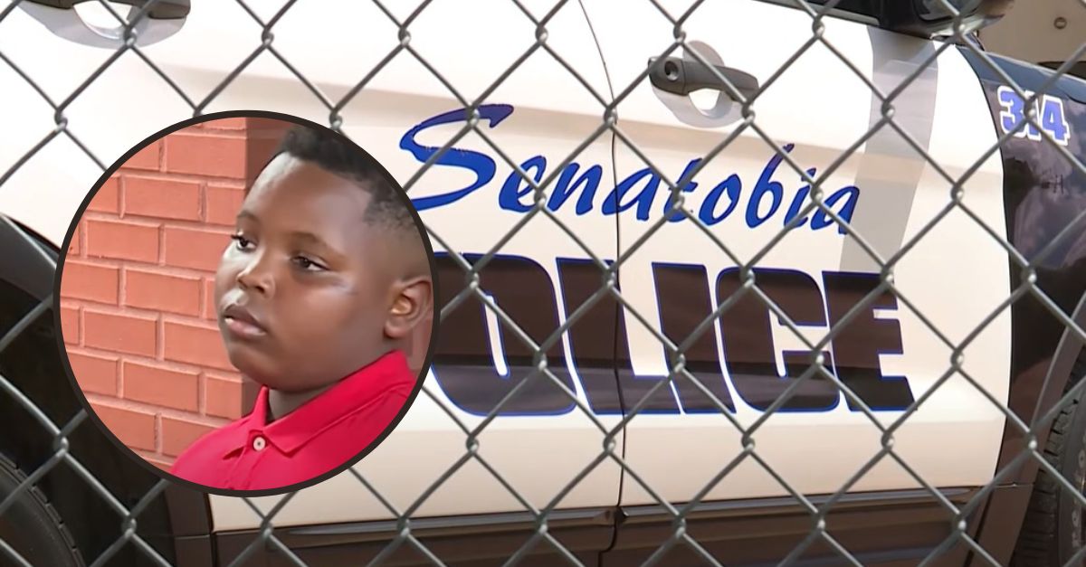 Background: Senatobia Mississippi Police squad car from YouTube screengrab WREG. Inset: Quantavious Eason, 10, appears outside of the Tate County Youth Court in screengrab YouTube footage from WREG. A judge in Mississippi sentenced the child to three months probation for relieving himself behind his mother